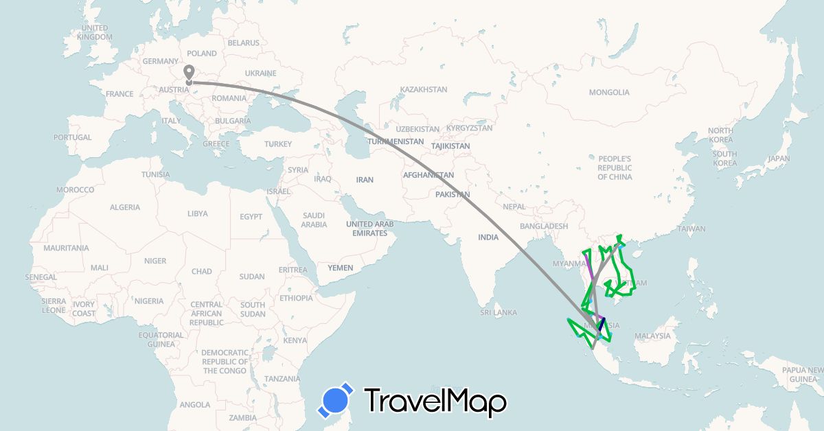 TravelMap itinerary: driving, bus, plane, train, boat in Austria, Indonesia, Cambodia, Laos, Malaysia, Singapore, Thailand, Vietnam (Asia, Europe)