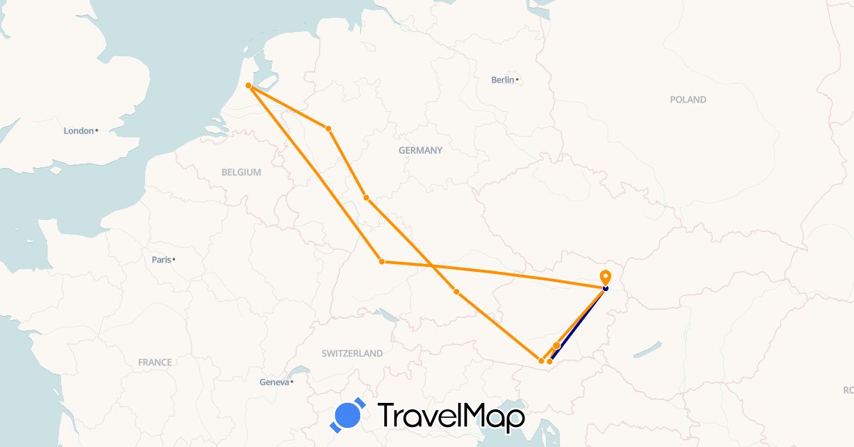 TravelMap itinerary: driving, hitchhiking in Austria, Germany, Netherlands (Europe)